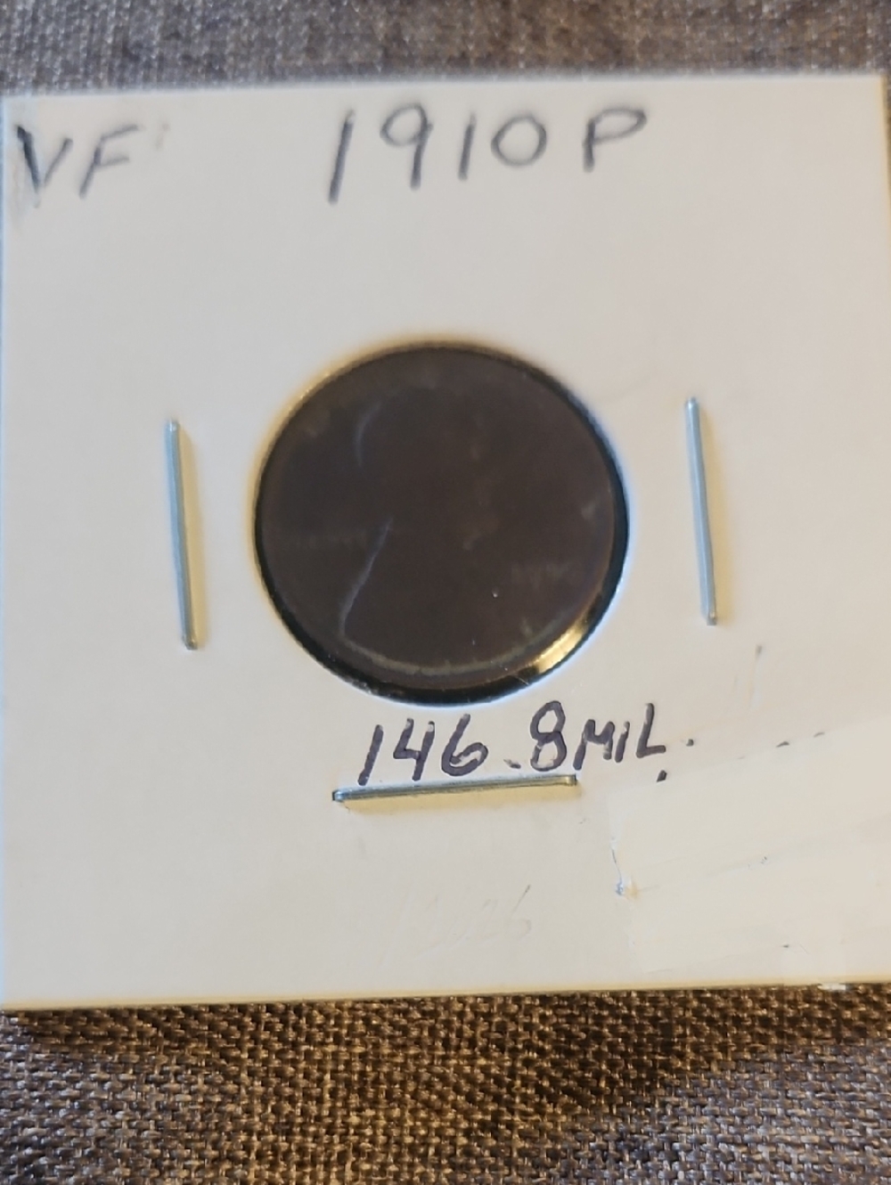 1910P Lincoln Wheat Cent in White 2x2 Card